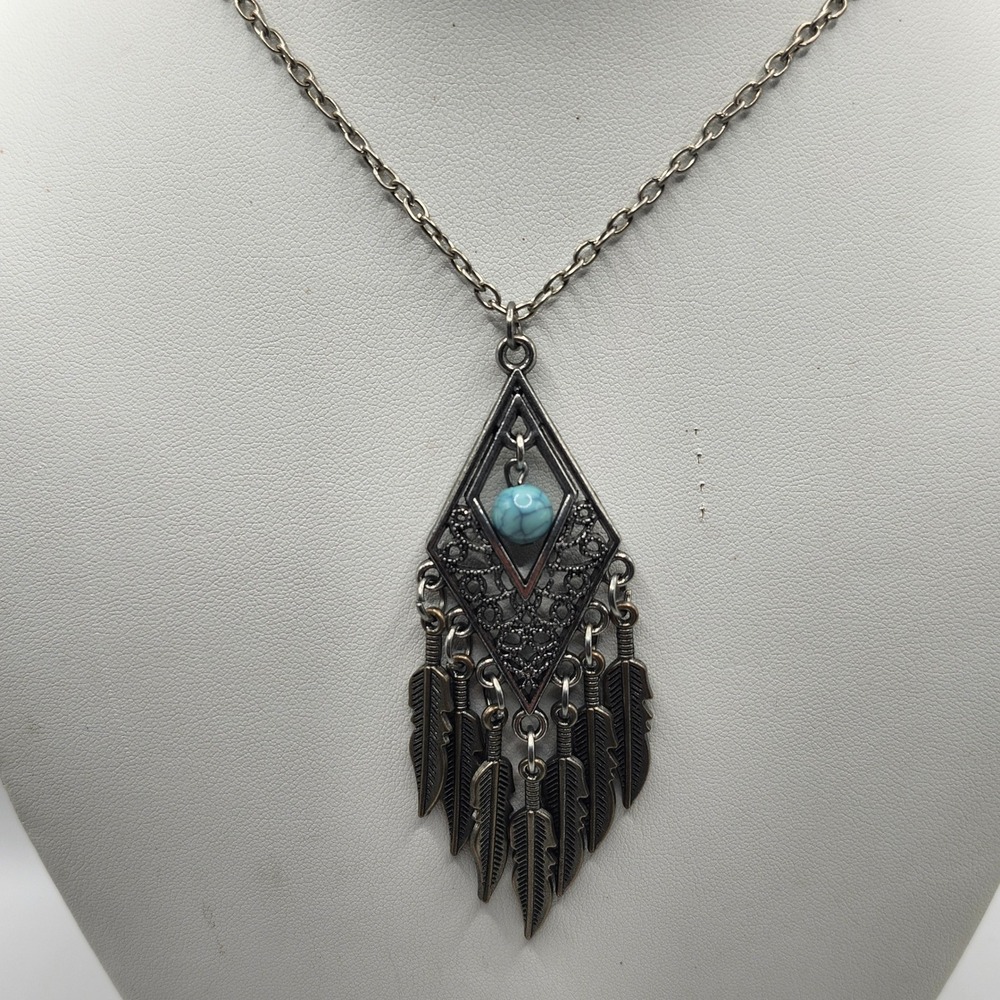 Western‎ Boho Silver Tone Diamond Pendant Necklace Turquoise Bead Feather Charms